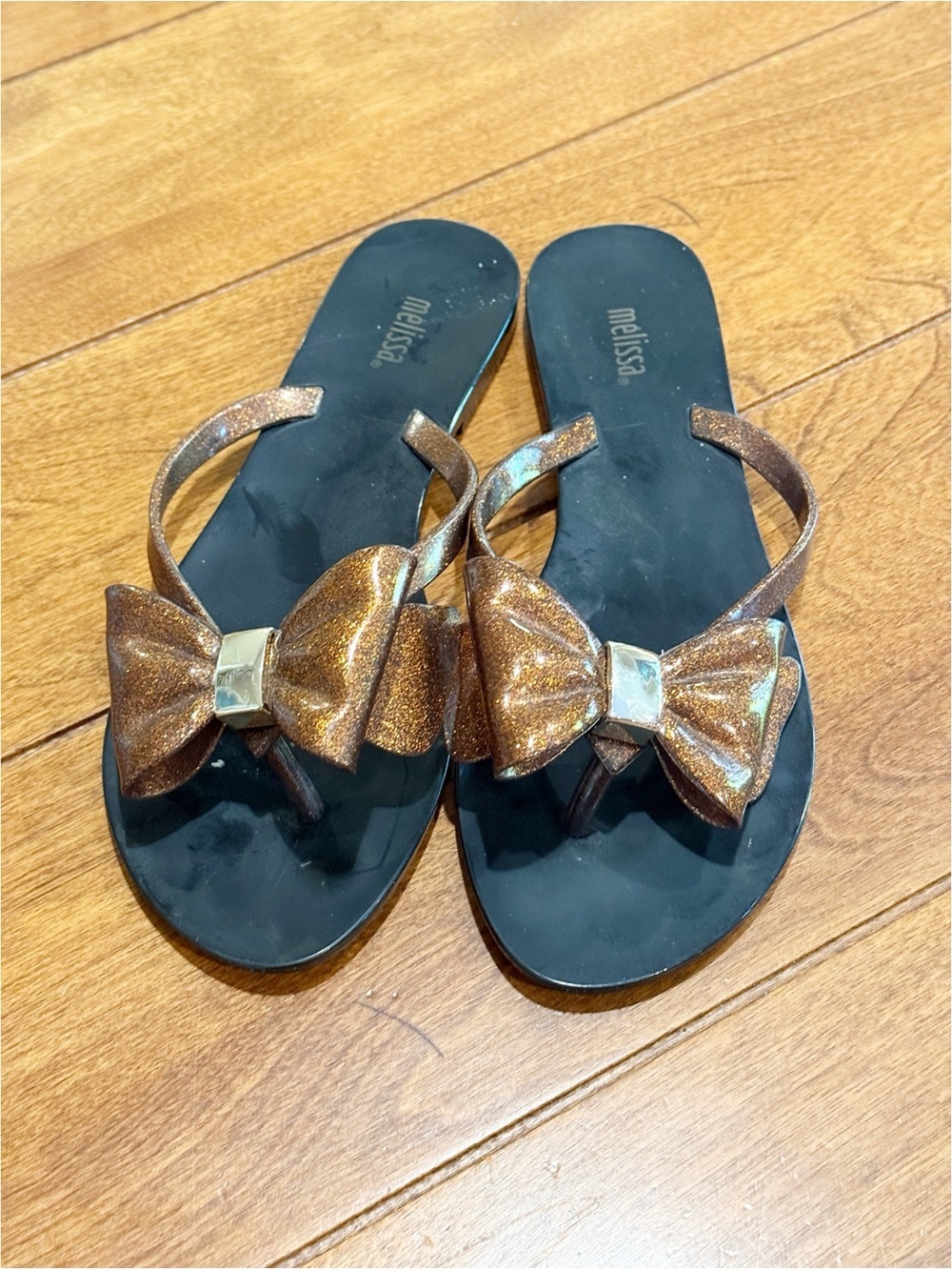 Melissa Bow Flip Flop Sandals Bronze Copper Glitter | Black Sole | Size 8